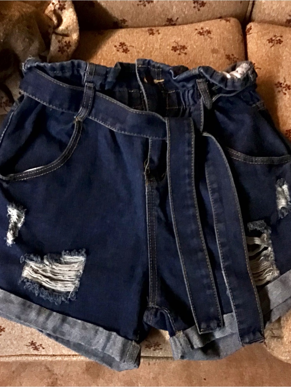 Source Unknown Dark Blue Distressed Paperbag Denim Shorts with Tie Belt